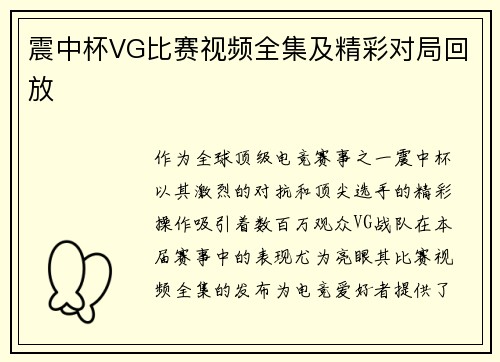 震中杯VG比赛视频全集及精彩对局回放