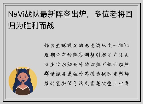 NaVi战队最新阵容出炉，多位老将回归为胜利而战