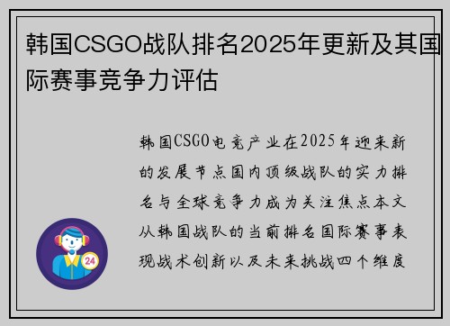 韩国CSGO战队排名2025年更新及其国际赛事竞争力评估